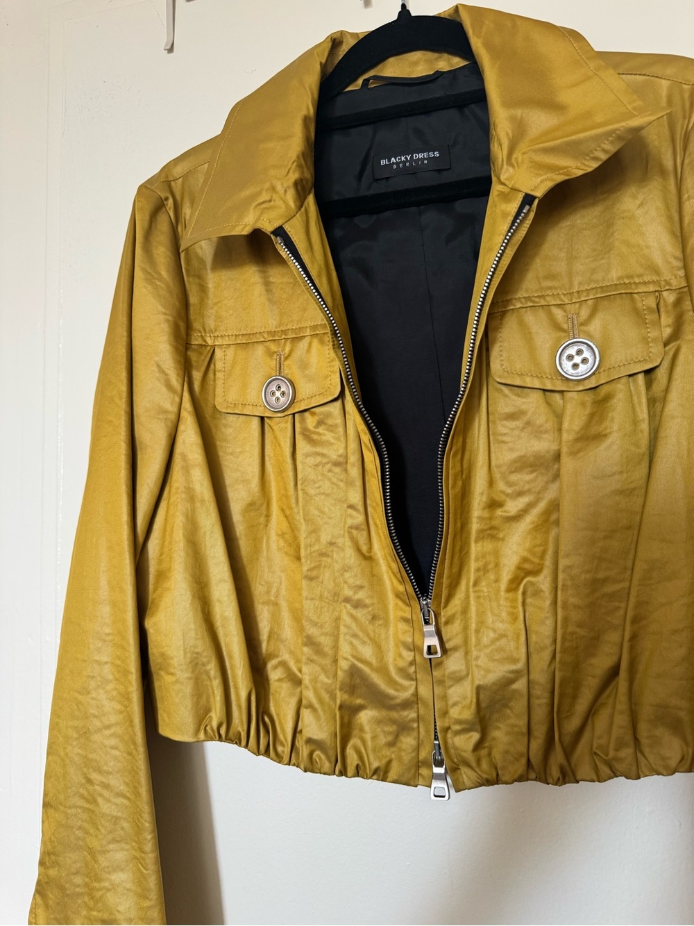 Mustard Yellow Cropped Leather Jacket with Zip